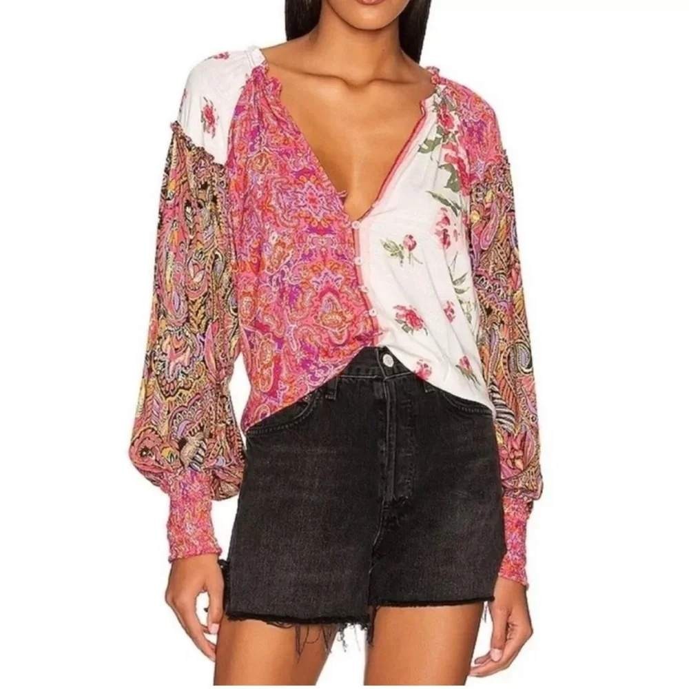 Free People Blouse Womens Small Pink Floral Paisley Mixed Print Button Front Top